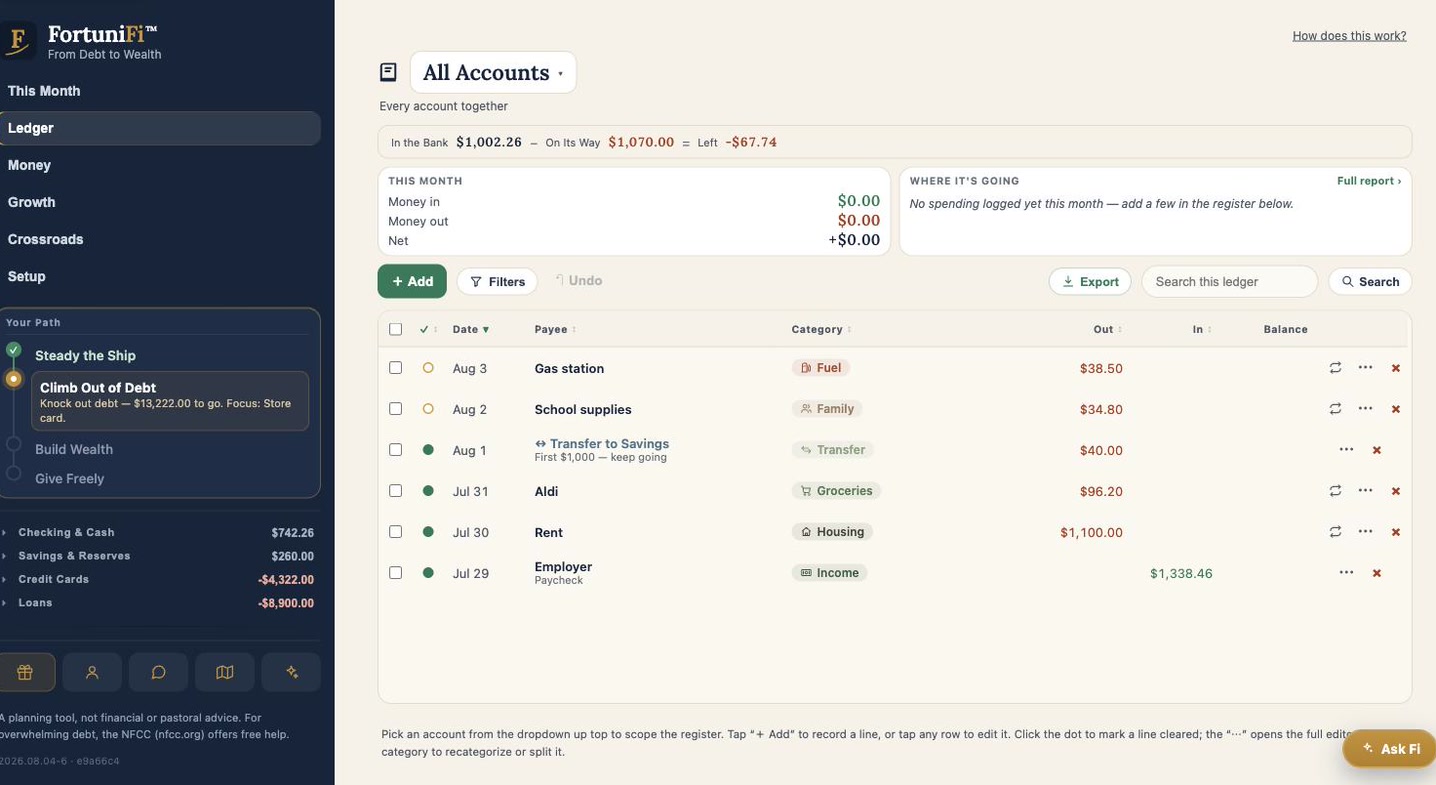 FortuniFi Ledger — categorized transactions and running balance